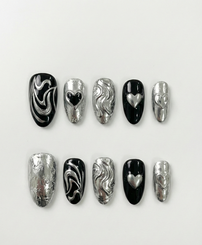 Black & Silver Chrome Press On Nails - 3D Liquid Metal Swirls - Textured Foil Heart - Cyber Sigilism Y2K - Grunge Punk Unisex Gel - Custom Size Set - PN251180