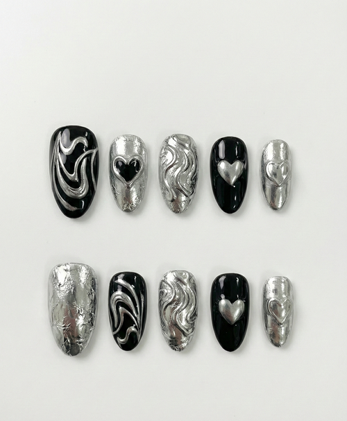 Black & Silver Chrome Press On Nails - 3D Liquid Metal Swirls - Textured Foil Heart - Cyber Sigilism Y2K - Grunge Punk Unisex Gel - Custom Size Set - PN251180
