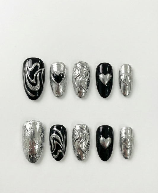 Black & Silver Chrome Press On Nails - 3D Liquid Metal Swirls - Textured Foil Heart - Cyber Sigilism Y2K - Grunge Punk Unisex Gel - Custom Size Set - PN251180