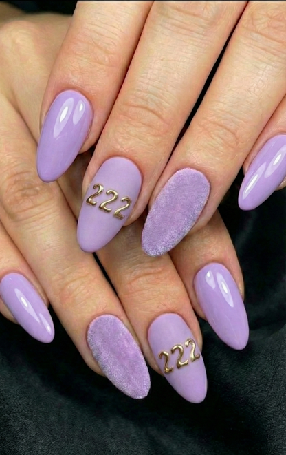 Lavender Purple 222 Angel Number Press On Nails - Fuzzy Flocked Velvet Texture - Gold Charm - Spiritual Manifestation - Custom Size Set - PN251218