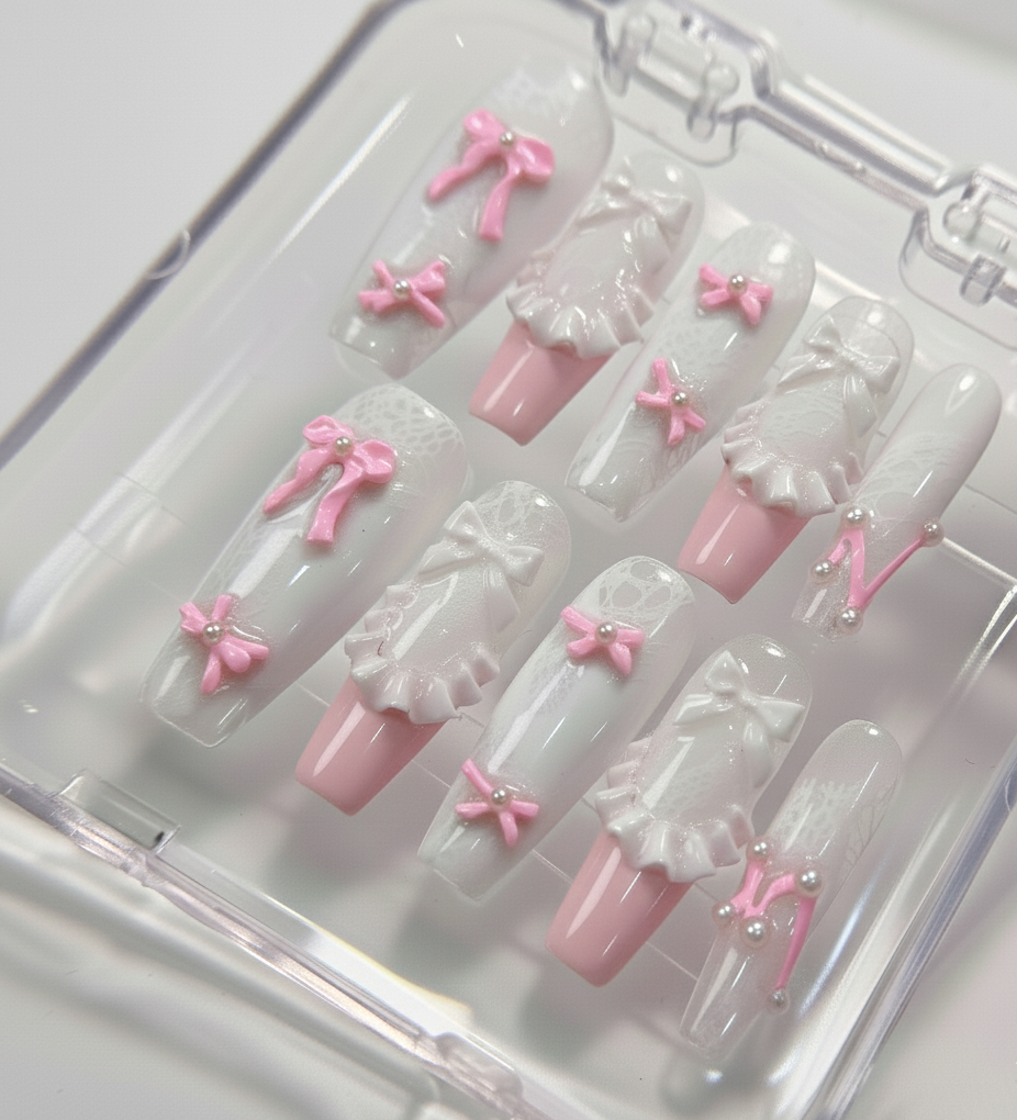 Coquette Pink Bow Press On Nails - 3D White Ruffle Lace - Lolita Ribbon Pearl - Kawaii Soft Girl Gel - Custom Size Set - PN251204