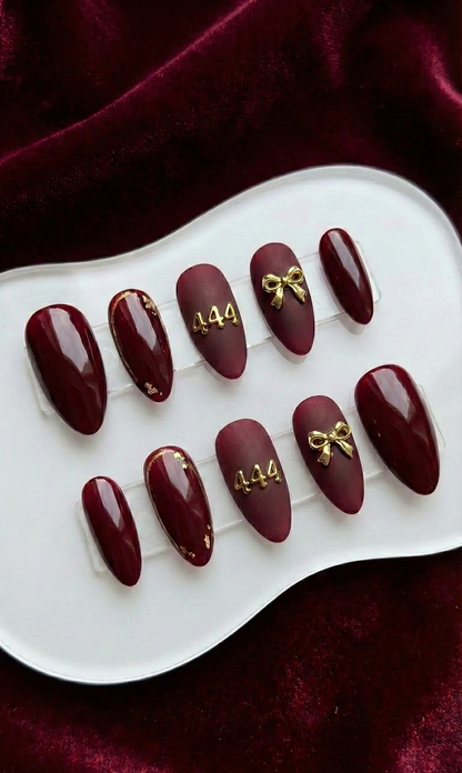 Dark Red 444 Angel Number Press On Nails - Gold Bow Ribbon Charm -  Matte & Glossy Burgundy Wine - Spiritual Manifestation - Custom Size Set - PN251216