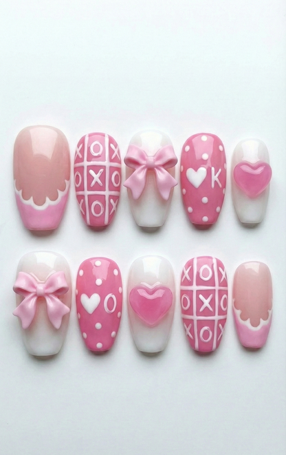 Pink Coffin Nails, 3D Bow Charm, XOXO Tic Tac Toe, Heart Gem, Scallop French, Cute Valentine, Kawaii Press On, Custom Size - PN251267