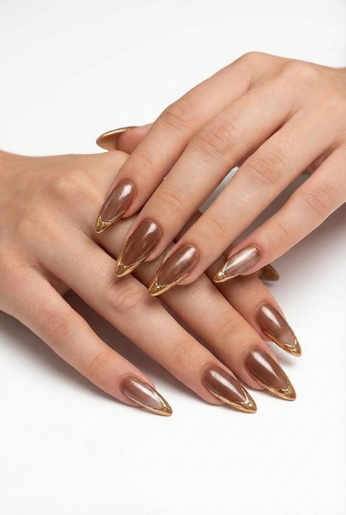 Brown Jelly Press On Nails - Gold Chrome French Tip - Mocha Latte Glazed - Old Money Luxury Bridal Party - Custom Size Set - PN251175