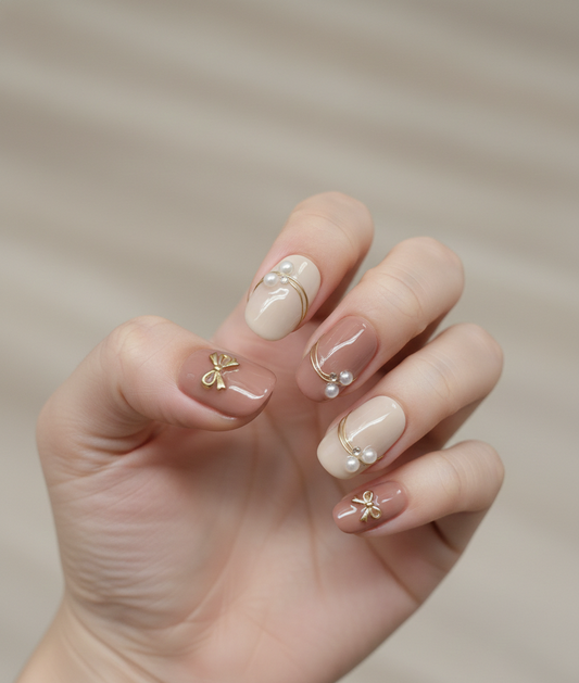 Nude and Mauve Bow Press On Nails, Pearl and Gold Wire Accent Nails, Coquette Aesthetic Nails, Short Round Elegant Fake Nails, Reusable Gift - PN251295