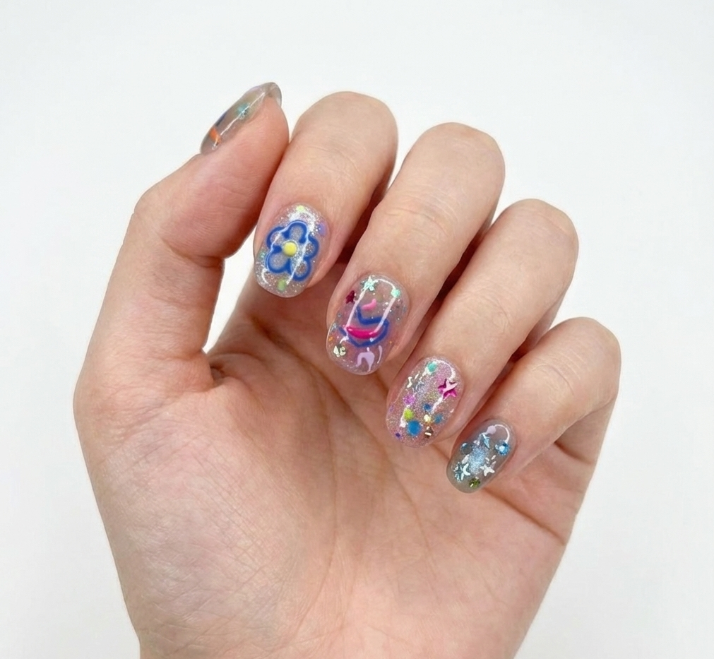 Y2K Glitter Confetti Press On Nails - Hand Painted Flower Doodle -Abstract Swirls - Harajuku Decora Funky Gel - Custom Size Set - PN251178