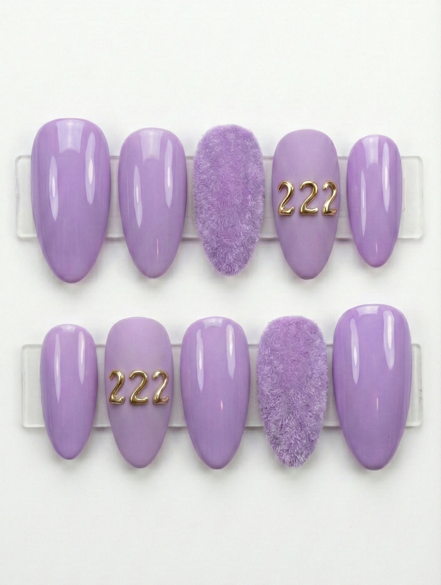 Lavender Purple 222 Angel Number Press On Nails - Fuzzy Flocked Velvet Texture - Gold Charm - Spiritual Manifestation - Custom Size Set - PN251218