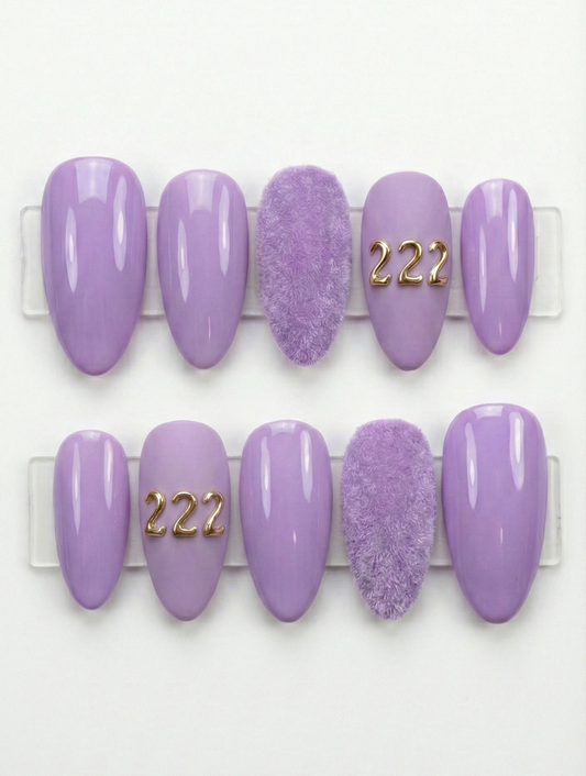 Lavender Purple 222 Angel Number Press On Nails - Fuzzy Flocked Velvet Texture - Gold Charm - Spiritual Manifestation - Custom Size Set - PN251218