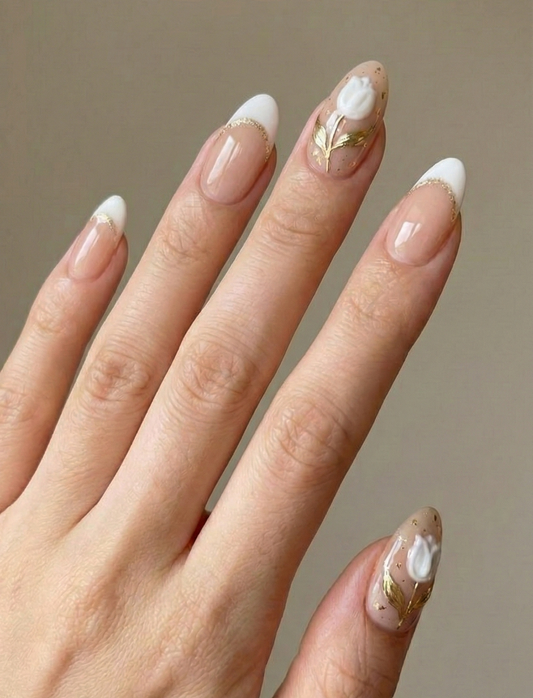 3D Tulip Press On Nails, Elegant White Flower Nails, Gold Leaf Detail Fake Nails, Nude French Tip Nails, Classy Luxury Reusable Glue Ons - PN251297