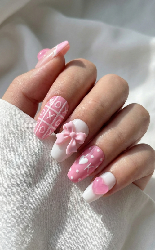 Pink Coffin Nails, 3D Bow Charm, XOXO Tic Tac Toe, Heart Gem, Scallop French, Cute Valentine, Kawaii Press On, Custom Size - PN251267