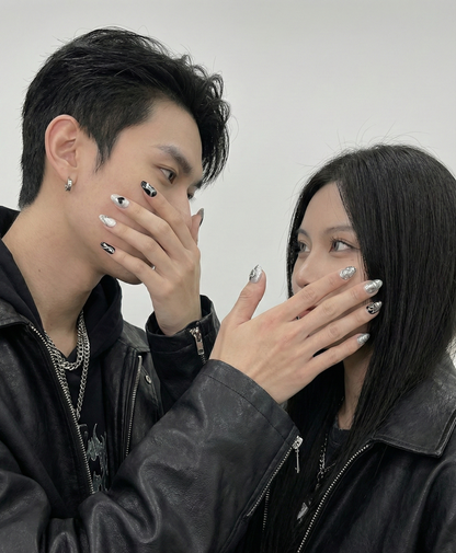 Couple Matching Press On Nails - Black & Silver Chrome Heart - Cyber Sigilism Liquid Metal - His and Hers Y2K Grunge - Boyfriend Gift Set - Custom Size Set - PN251189