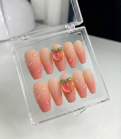 3D Peach Ombre Press On Nails - Matte Gradient Water Droplets - Juicy Fruit Charm - Soft Girl Wet Look Gel - Custom Size Set - PN251228