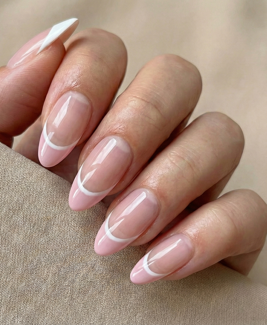 Pink Double French Tip Press On Nails Almond Nails, Reusable Glue On Nails, Pastel Pink Summer Manicure, Custom Fake Nails - PN251300)