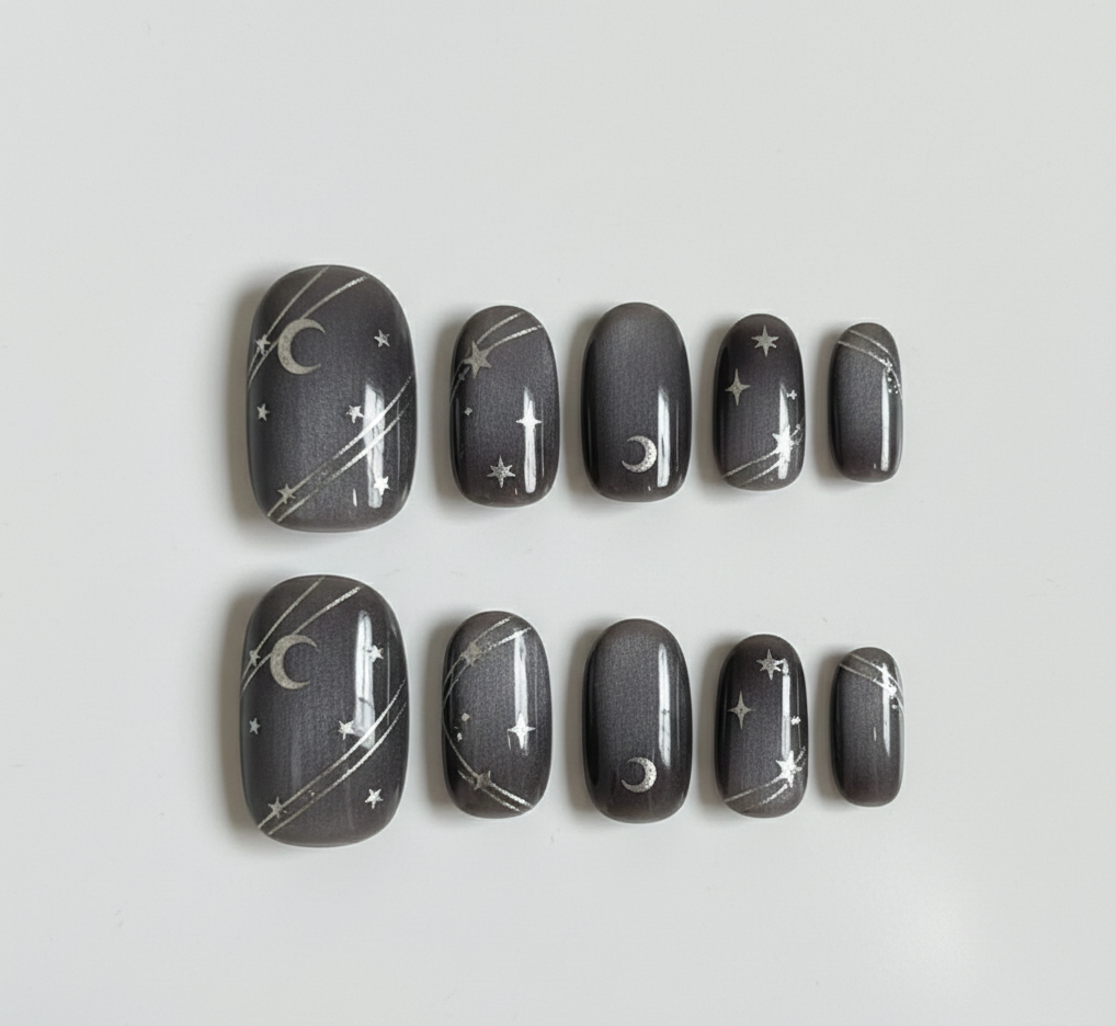 Celestial Moon & Star Press On Nails - Dark Grey Cat Eye - Silver Chrome Galaxy Art  Midnight Magnetic Gel - Custom Size Set - PN251119y)