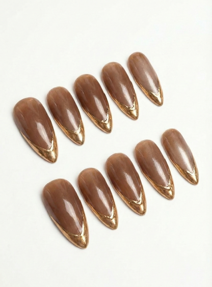 Brown Jelly Press On Nails - Gold Chrome French Tip - Mocha Latte Glazed - Old Money Luxury Bridal Party - Custom Size Set - PN251175