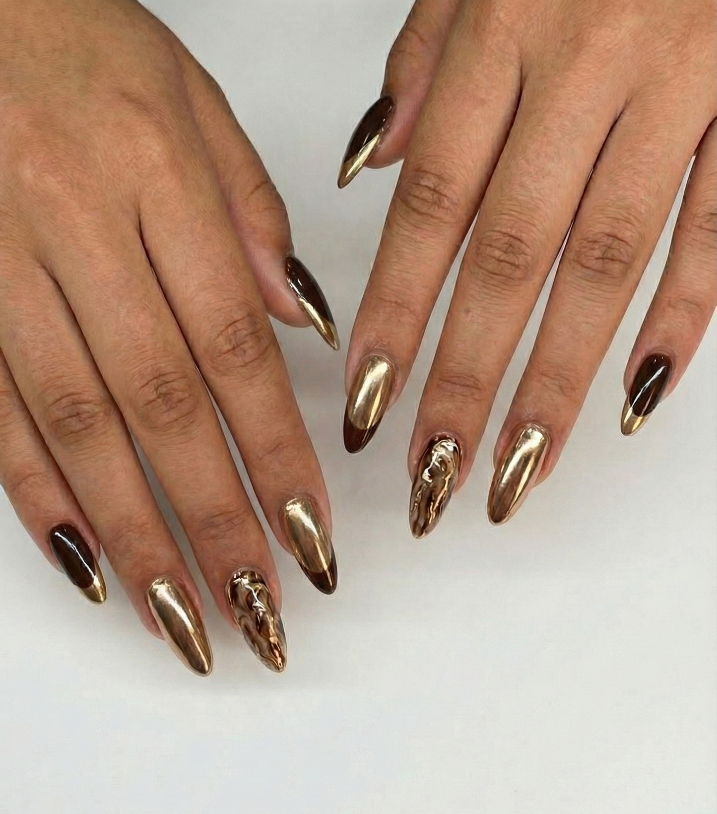 Brown & Gold Chrome Press On Nails - Espresso Abstract Swirl - Metallic French Tip - Luxury Fall Old Money Aesthetic - Custom Size Set - PN251112