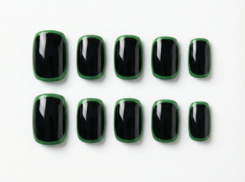 Black & Green Border Press On Nails – Minimalist Outline Framed Art - Modern Edgy Two Tone - Y2K Trendy Gel - Custom Size Set - PN251187