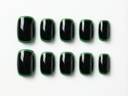 Black & Green Border Press On Nails – Minimalist Outline Framed Art - Modern Edgy Two Tone - Y2K Trendy Gel - Custom Size Set - PN251187
