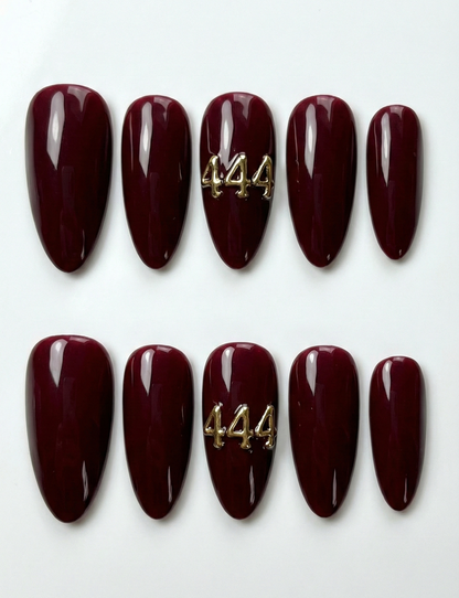 Dark Red 444 Angel Number Press On Nails - Gold Charm Detail -  Deep Burgundy Wine - Spiritual Manifestation - Custom Size Set - PN251214