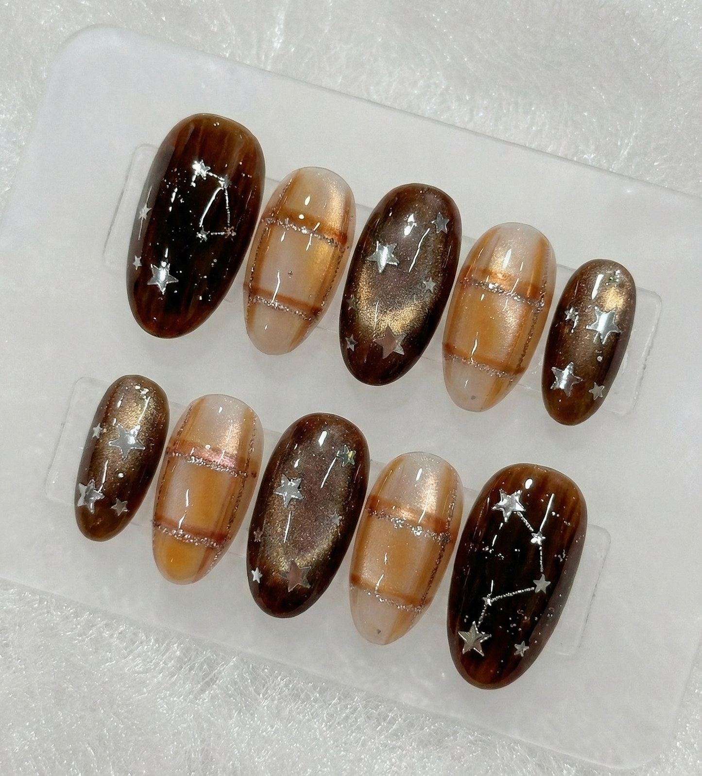 Brown Plaid & Celestial Star Press On Nails - Constellation Galaxy Art - Tartan Checkered - Cozy Fall Winter - Custom Size Set - PN251167