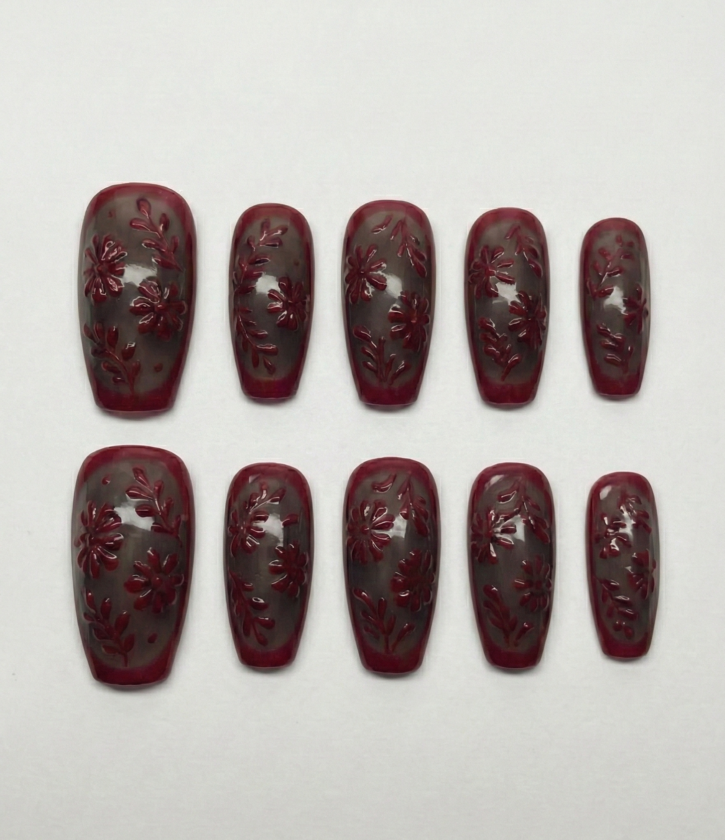 Wine Red 3D Flora - Smoky Black Jelly Base - Valentine Art - Gothic Vampire Aesthetic - Dark Feminine Textured Gel - Custom Size Set - PN251213