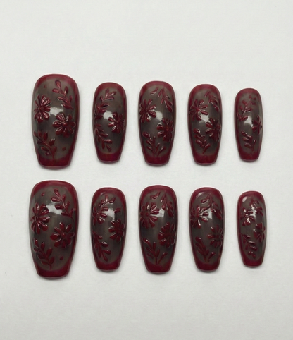 Wine Red 3D Flora - Smoky Black Jelly Base - Valentine Art - Gothic Vampire Aesthetic - Dark Feminine Textured Gel - Custom Size Set - PN251213