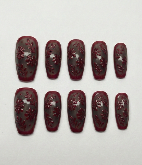 Wine Red 3D Flora - Smoky Black Jelly Base - Valentine Art - Gothic Vampire Aesthetic - Dark Feminine Textured Gel - Custom Size Set - PN251213