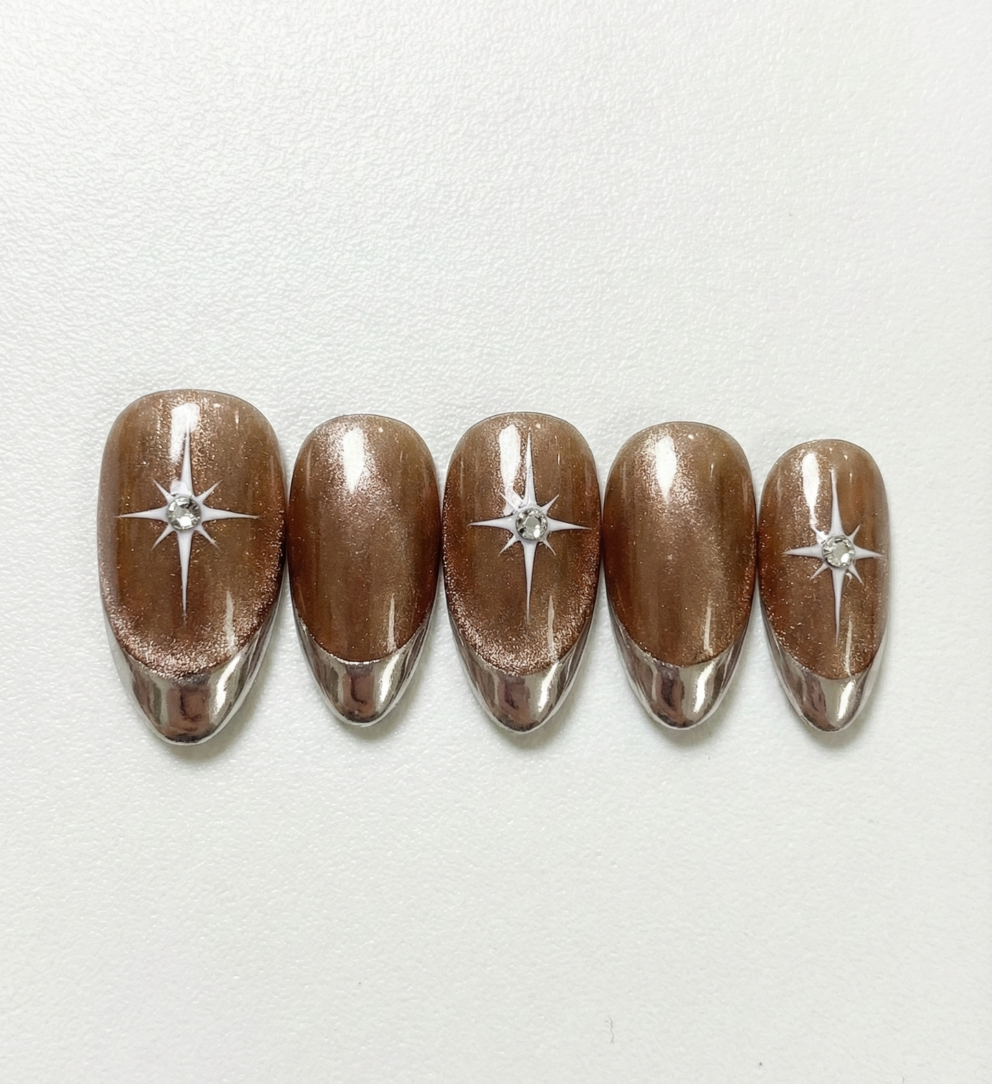 Silver Cat Eye French Press On Nails - 3D White Bow Ribbon - Polka Dot Snow - Soft Girl Winter Gel - Custom Size Set - PN251207