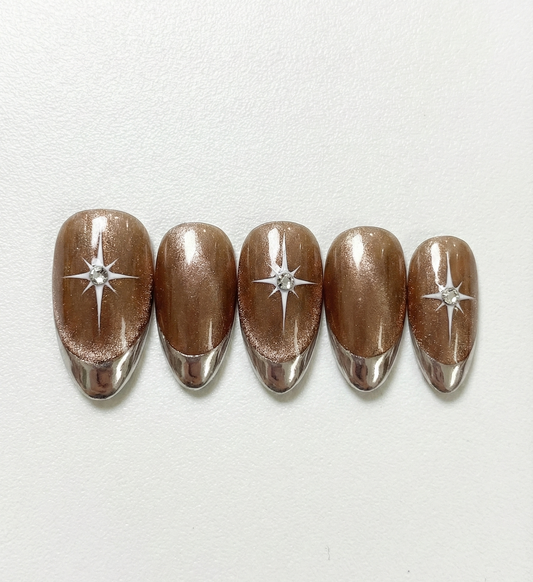 Silver Cat Eye French Press On Nails - 3D White Bow Ribbon - Polka Dot Snow - Soft Girl Winter Gel - Custom Size Set - PN251207