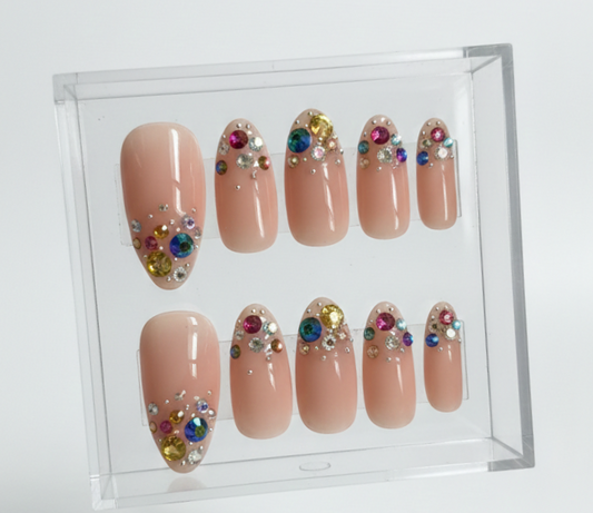 Nude Pink Rainbow Rhinestone Press On Nails - Bridal Wedding - Colorful Crystal Confetti - Y2K McBling Gem - Sparkly Festival - Custom Size Set - PN251226