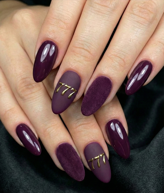 Deep Purple 777 Angel Number Press On Nails - Fuzzy Velvet Flocked Texture - Matte & Glossy Plum - Dark Feminine Luck - Custom Size Set - PN251227