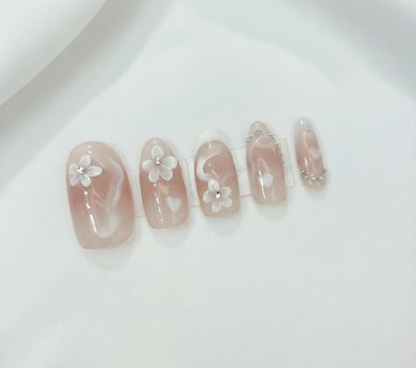 3D White Flower Press On Nails - Coquette Heart Swirls - Korean Soft Girl Aesthetic - Bridal Spring Manicure - Custom Size Set - PN251164