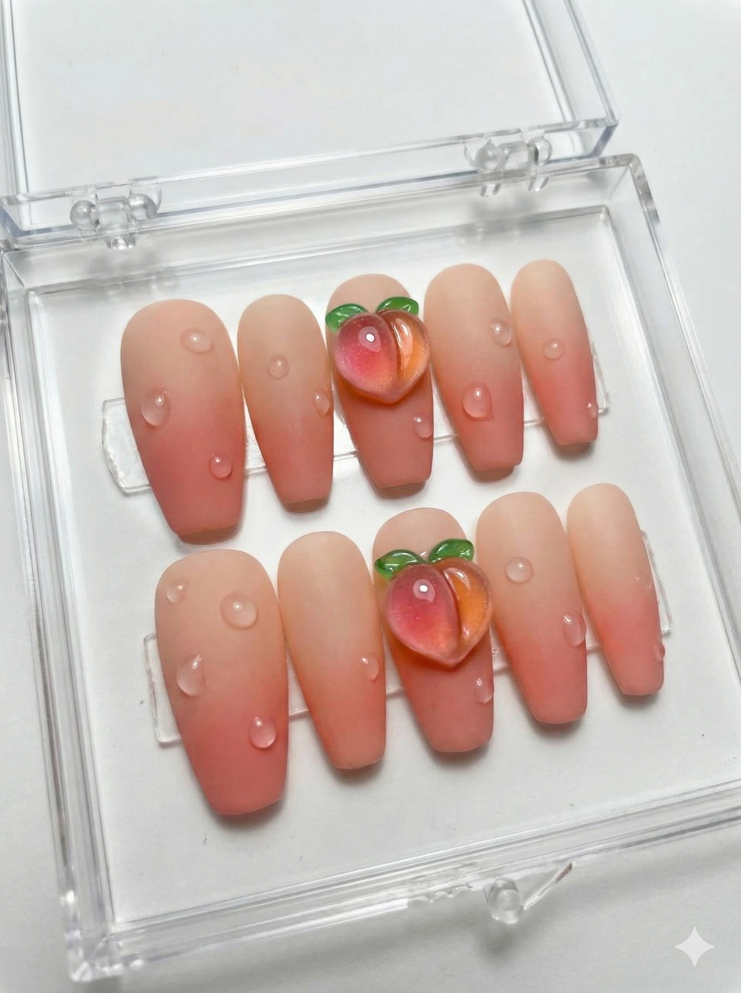 3D Peach Ombre Press On Nails - Matte Gradient Water Droplets - Juicy Fruit Charm - Soft Girl Wet Look Gel - Custom Size Set - PN251228