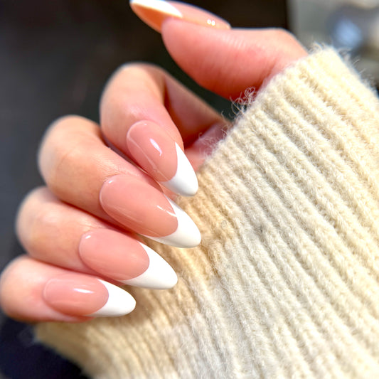 French Tip Press On Nails - Nude Pink Handmade Nails - Luxury Old Money Look Nails - Classic White Tip Press Ons - Custom Size Set - NM233004