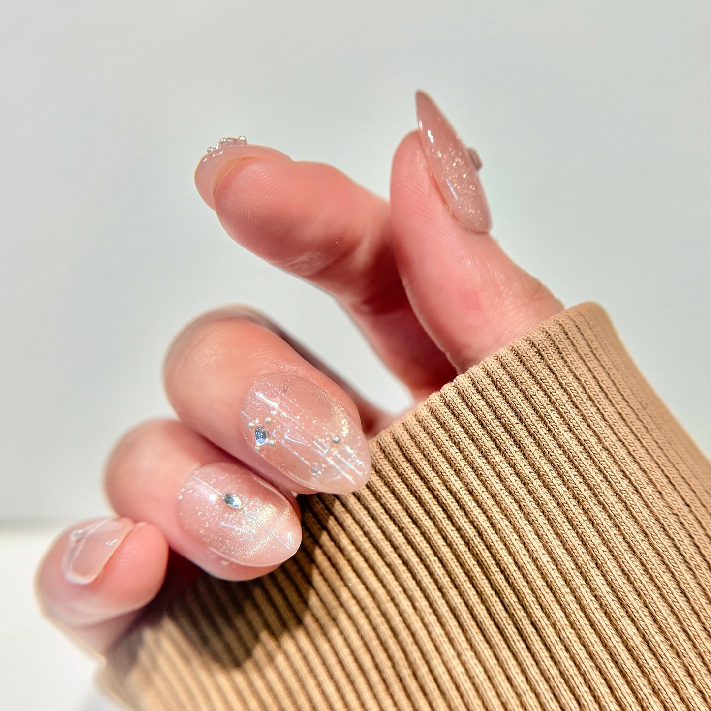 Engagement, Proposal, Wedding Press-On Nails -  Pink Cat Eye with Crystal Accents - Handmade Reusable Nail Set - Custom Size Set - DYT152008