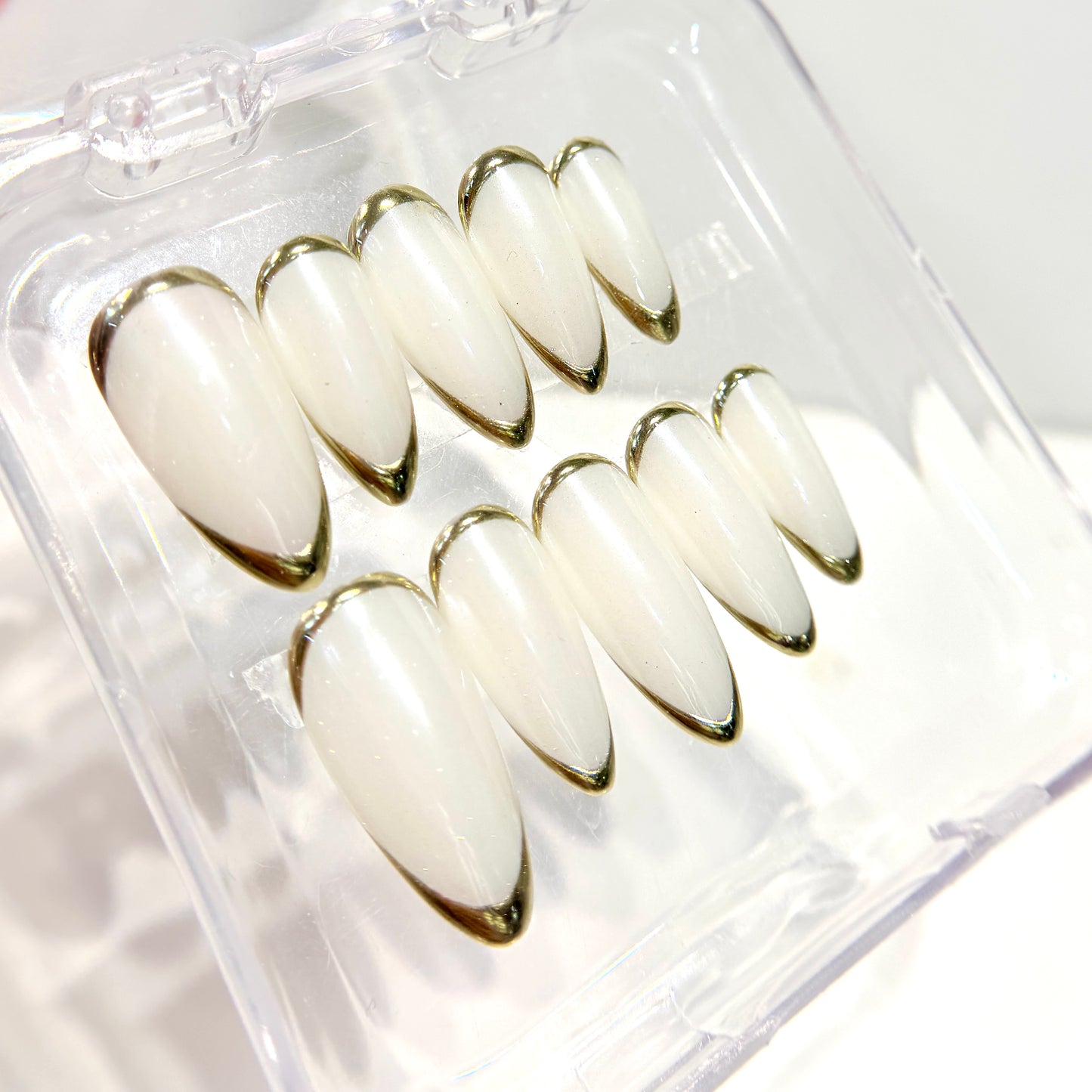 White Pearl Gold Outline Press On Nails - Chrome Edge French Tip - Clean Girl Press On - Bridal Wedding Nails -  Luxury Handmade Nails- Custom Size Set - NM233018