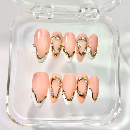 Nude Pink 3D Gold Frame Press On Nails - Crystals Engagement Nails - Brial Wedding Press On Nails - Custom Size Set - NM233009