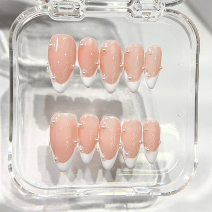 Nude Jelly Pearl French Tip Press On Nails - 3D Pearl Drops - Engagement Nails - Brial Wedding Press On - Custom Size Set - NM233007