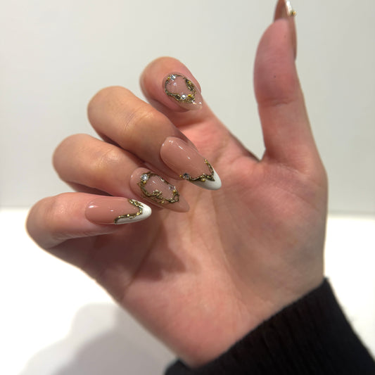 Nude Pink 3D Gold Frame Press On Nails - Crystals Engagement Nails - Brial Wedding Press On Nails - Custom Size Set - NM233009