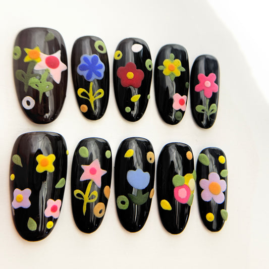 Black Floral Press On Nails - Hand-Painted 3D Flower Nails - Colourful Cartoon Spring Nails - Korean Style Nails - Custom Size Set - NM233022