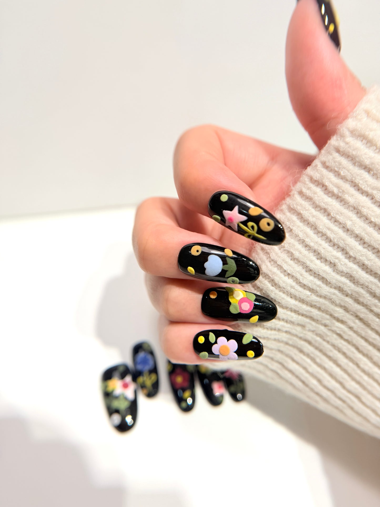 Black Floral Press On Nails - Hand-Painted 3D Flower Nails - Colourful Cartoon Spring Nails - Korean Style Nails - Custom Size Set - NM233022