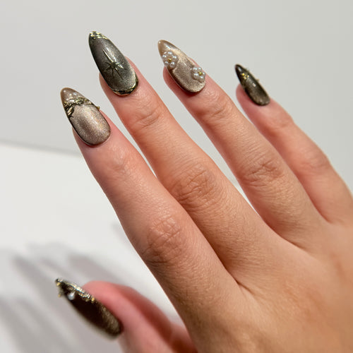 Chocolate Gold Press On Nails - Cat Eye Shimmer with Pearls & Stars  - Vintage Luxury Old Money Style Nails - Custom Size Set - PN251113