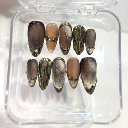 Luxury Brown Gold Cat Eye Press On Nails - 3D Molten Gold & Pearl Nails - Brown Chrome Gel Press Ons - Custom Size Set - NM233023