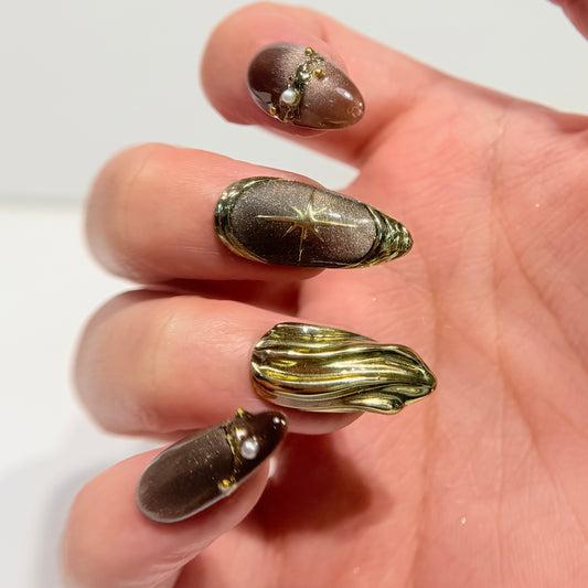 Luxury Brown Gold Cat Eye Press On Nails - 3D Molten Gold & Pearl Nails - Brown Chrome Gel Press Ons - Custom Size Set - NM233023