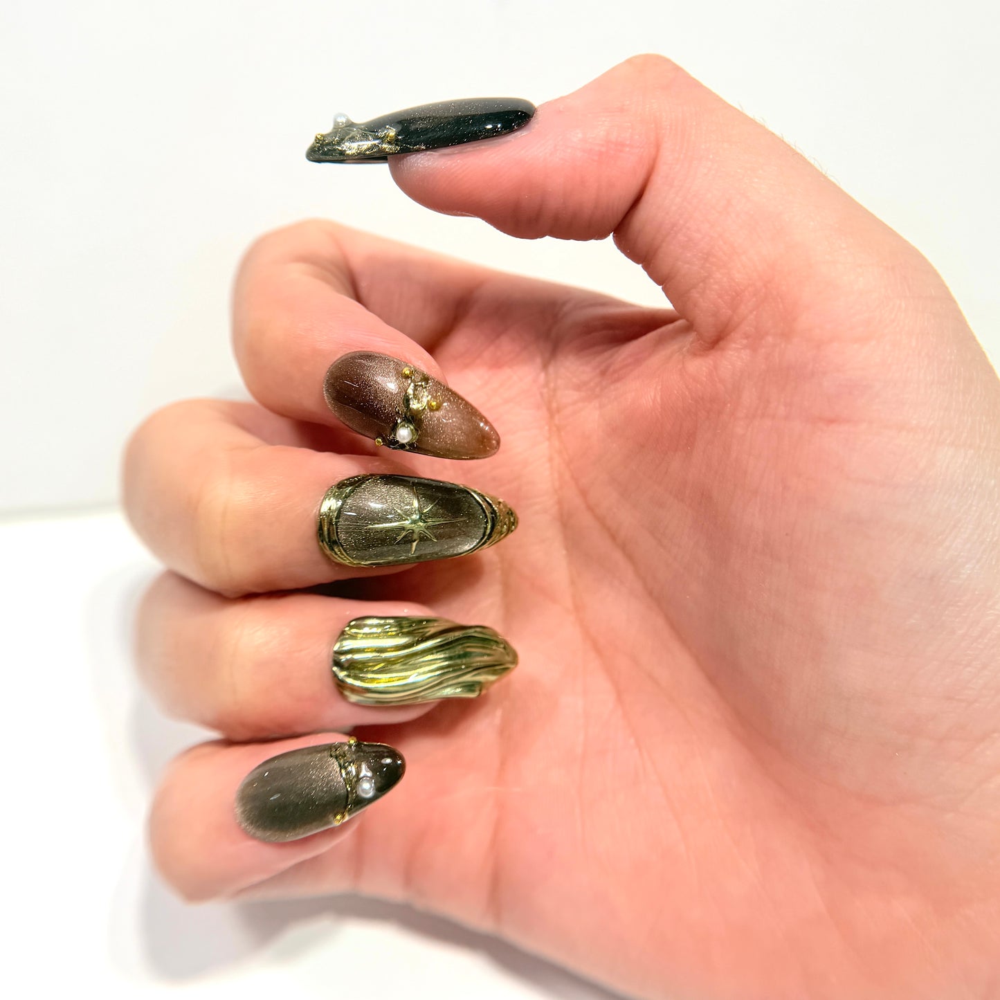 Luxury Brown Gold Cat Eye Press On Nails - 3D Molten Gold & Pearl Nails - Brown Chrome Gel Press Ons - Custom Size Set - NM233023