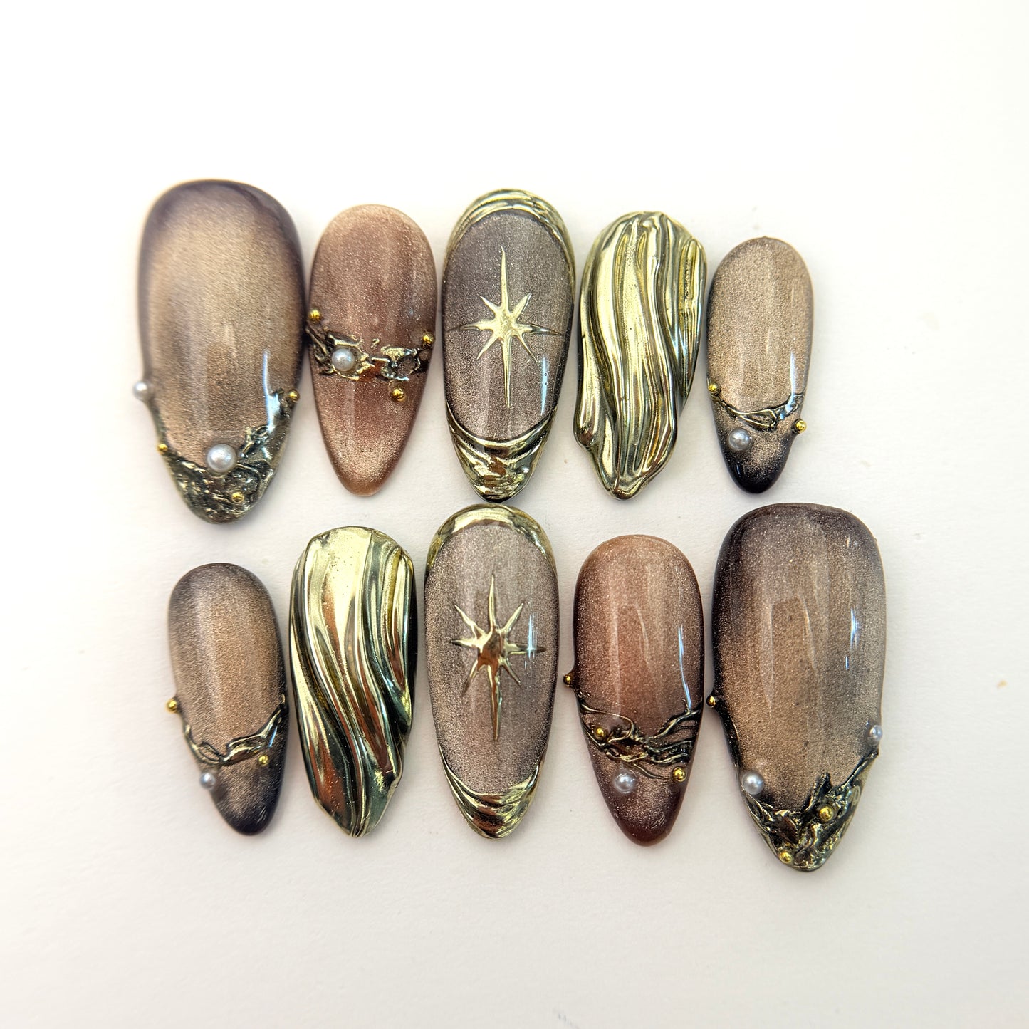Luxury Brown Gold Cat Eye Press On Nails - 3D Molten Gold & Pearl Nails - Brown Chrome Gel Press Ons - Custom Size Set - NM233023