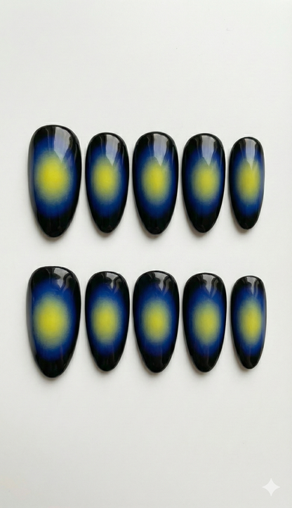 Aura Airbrush Press On Nails - Black Blue Neon Yellow Ombre - Thermal Heat Map Effect - Y2K Rave Festival - Reusable Custom Size - Custom Size Set - PN251102