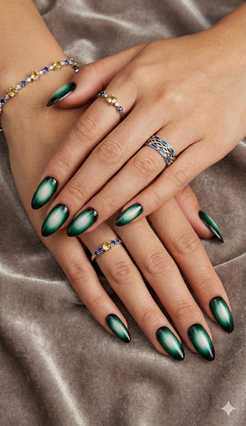 Green Aura Press On Nails - Black Ombre Airbrush - Witchy Goth Y2K - Emerald Cyber Gel Manicure - Reusable Custom Size - Custom Size Set - PN251101