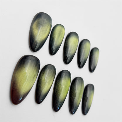 Green Cat Eye Press On Nails - Emerald Reflective Nails - Party Night Out - Handmade Magnetic Nail Set - Custom Size Set - NM233025