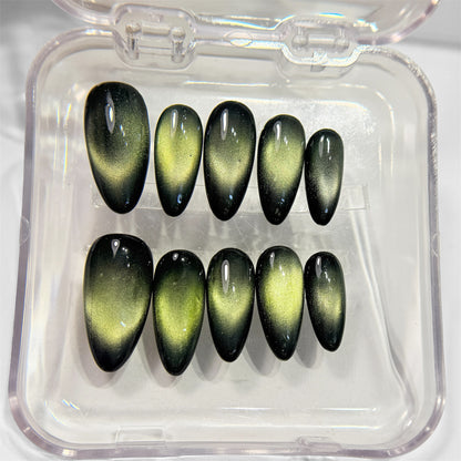 Green Cat Eye Press On Nails - Emerald Reflective Nails - Party Night Out - Handmade Magnetic Nail Set - Custom Size Set - NM233025